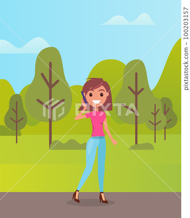 Happy stylish brunette talking by phone walking on road in summer wood, green trees at background Happy stylish brunette talking by phone walking on road in summer wood, green trees at background 100203157