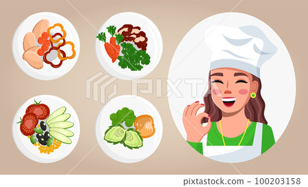 Images of food, dishes, cook woman. Cooking online, cooking blog. Flat image on pastel background Images of food, dishes, cook woman. Cooking online, cooking blog. Flat image on pastel background 100203158