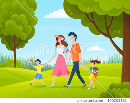 Family walking in park or countryside, family walk at nature, woman with flower wreath on head 100203182