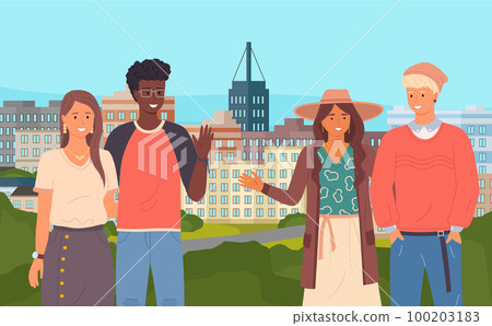 Multinational couples waving hands, gesture, greeting, saying hello at urban buildings background 100203183