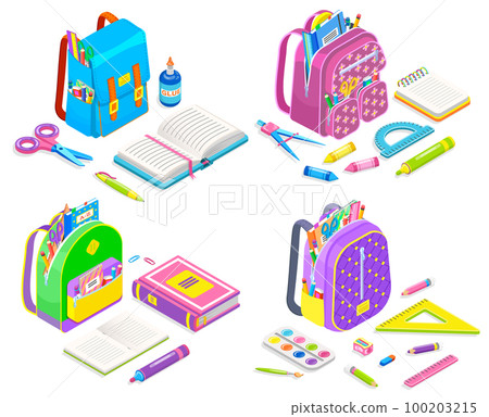 Supplies in School Bag, Notebook and Pen Vector 100203215