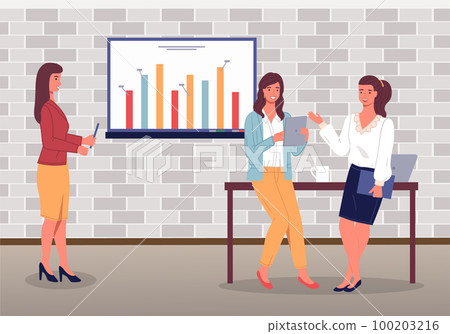 Pretty women discussing work moments lean at table, businesslady show presentation at digital board Pretty women discussing work moments lean at table, businesslady show presentation at digital board 100203216