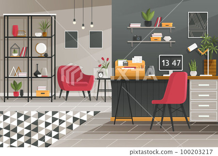 Home workspace modern design. Office, studio, cabinet or home workspace interior with furnitures 100203217