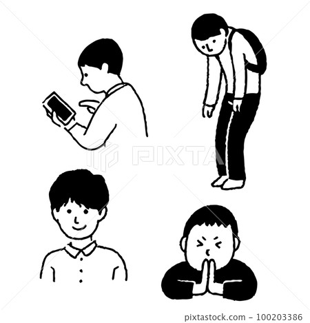 男性商務姿勢手機微笑線描 男性商務姿勢手機微笑線描 100203386