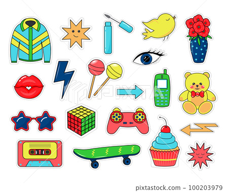 Cute retro comic stickers in pop art style 90s  100203979