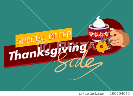 Happy Thanksgiving holiday vector design template for websites, posters, banners. Happy Thanksgiving with traditional food, turkey, pies, pumpkins and fruits. Vector website template 100204073