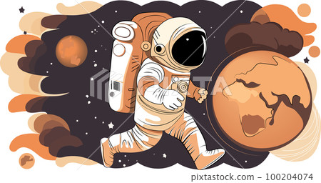 Astronaut explores space being desert planet. Astronaut space suit performing extra cosmic activity space against stars and planets background. Human space flight. Modern vector illustration Astronaut explores space being desert planet. Astronaut space suit performing extra cosmic activity space against stars and planets background. Human space flight. Modern vector illustration 100204074
