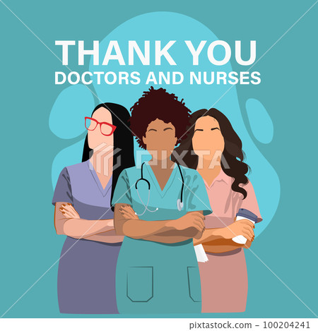 Medical personnel team, character of doctors and nurses wearing a surgical face mask and standing together to fight ills, male and female medical characters set cartoon flat vector illustration. Medical personnel team, character of doctors and nurses wearing a surgical face mask and standing together to fight ills, male and female medical characters set cartoon flat vector illustration. 100204241