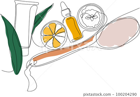 Skin care concept. Landing page template. Morning routine. Bath time. Organic products for scrubbing and body skin care with natural herbal skin care products, top view. Vector illustration 100204290