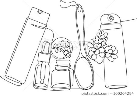 Skin care concept. Landing page template. Morning routine. Bath time. Organic products for scrubbing and body skin care with natural herbal skin care products, top view. Vector illustration 100204294