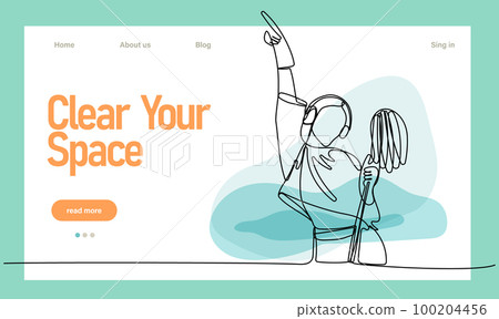 Continuous one line drawing of Woman with brush cleaner cleaning company cleaning services. Easy to place your text and brand logo 100204456