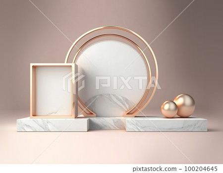 3D Render of gold photoframe and podiums. Roman podium white for cosmetic product on background granite white. 3d rendering 100204645