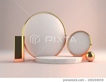 3D Render of gold photoframe and podiums. Roman podium white for cosmetic product on background granite white. 3d rendering 3D Render of gold photoframe and podiums. Roman podium white for cosmetic product on background granite white. 3d rendering 100204659