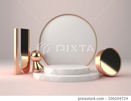 3D Render of gold photoframe and podiums. Roman podium white for cosmetic product on background granite white. 3d rendering 100204724