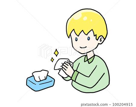 Illustration of a white man wiping his hands with a sanitizing tissue Illustration of a white man wiping his hands with a sanitizing tissue 100204915