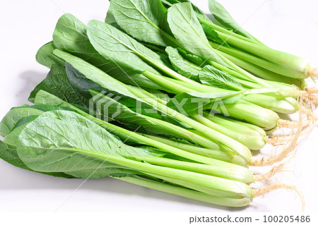 Komatsuna is a green and yellow vegetable that is in season in winter and is rich in vitamins, iron, and calcium. 100205486