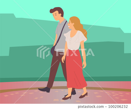 Young embarrassed shy guy and girl walking in summer garden, romantic walk. Couple walking in a park Young embarrassed shy guy and girl walking in summer garden, romantic walk. Couple walking in a park 100206232