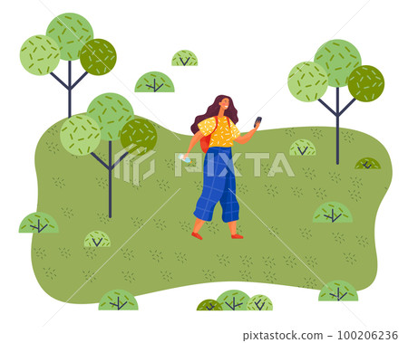 Happy woman is walking in park sunny day. Female character with backpack is travelling outdoors Happy woman is walking in park sunny day. Female character with backpack is travelling outdoors 100206236