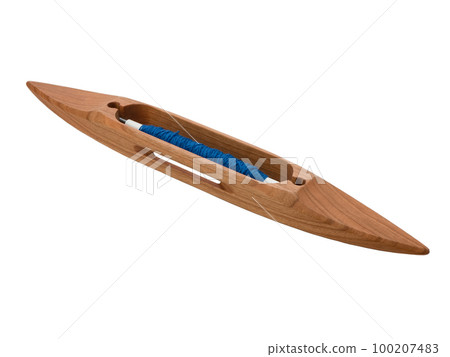 Boat shuttle with blue thread used in loom weaving, isolated. Wooden shuttle on white background Boat shuttle with blue thread used in loom weaving, isolated. Wooden shuttle on white background 100207483