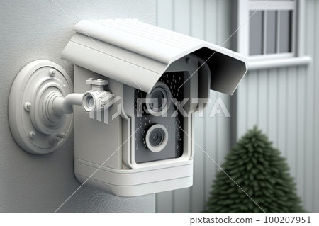 CCTV surveillance security camera equipment in a tower home and house building mounted on a wall for outside safety system 100207951