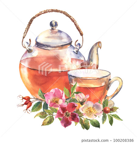 Beautiful glass teapot and cup of tea with dog roses flowers. Watercolor vintage design teapot illustration, isolate on white background. 100208386