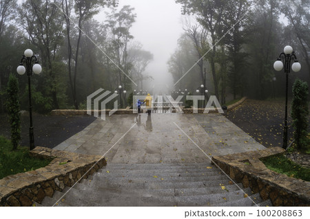 Beautiful old stone staircase in the misty park of Zheleznovodsk 100208863