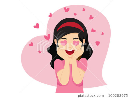 cute cartoon girl with heart shaped eyes and falling in love flat vector illustration 100208975