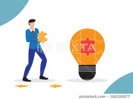 Problem solver, get solution to overcome difficulty, idea, creativity or innovation to fix problem or trouble concept, smart businessman solving lightbulb idea puzzle by connecting last jigsaw piece. 100208977