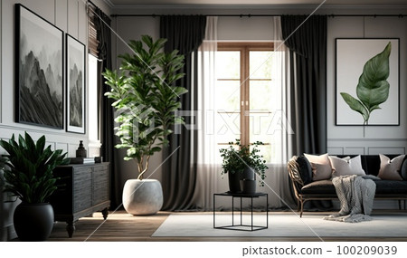 Contemporary room with black frames, draperies, and potted green plants, livingroom Contemporary room with black frames, draperies, and potted green plants, livingroom 100209039
