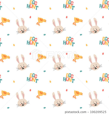 Easter seamless pattern with a print of cute rabbits, chic with eggs and the text Egg Hunt. Festive pattern for fabric, wrapping paper, childrens clothing. Vector illustration. Easter seamless pattern with a print of cute rabbits, chic with eggs and the text Egg Hunt. Festive pattern for fabric, wrapping paper, childrens clothing. Vector illustration. 100209525