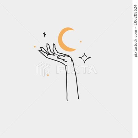 Hand drawn vector abstract outline,graphic,line art magic human hand with moon and star logo in minimalistic modern style.Moon and star sign outline design concept.Outline astrology line art isolated. Hand drawn vector abstract outline,graphic,line art magic human hand with moon and star logo in minimalistic modern style.Moon and star sign outline design concept.Outline astrology line art isolated. 100209624