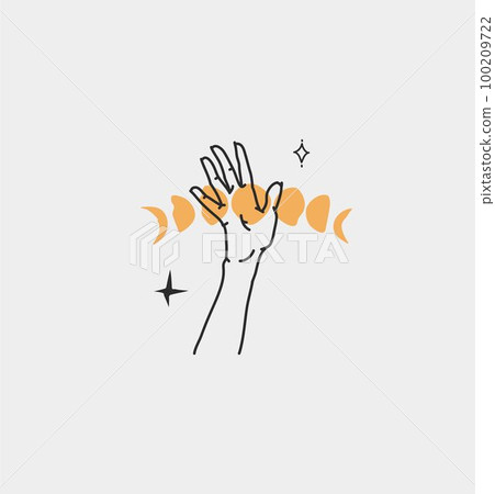 Hand drawn vector abstract outline,graphic,line art magic human hand with moon and stars logo in minimalistic modern style.Moon and stars sign outline design concept.Outline moon silhouette isolated. 100209722