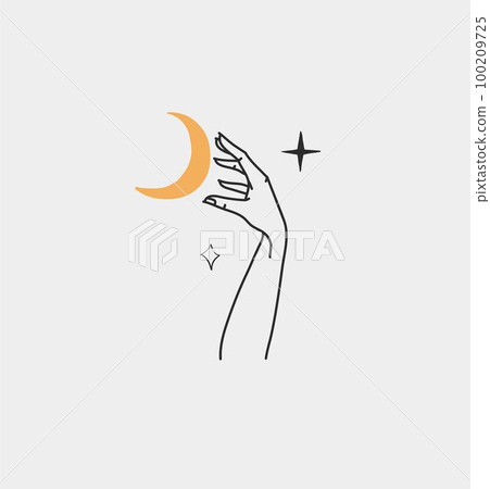 Hand drawn vector abstract outline,graphic,line art magic human hand with moon and stars logo in minimalistic modern style.Moon and stars sign outline design concept.Outline moon silhouette isolated. 100209725