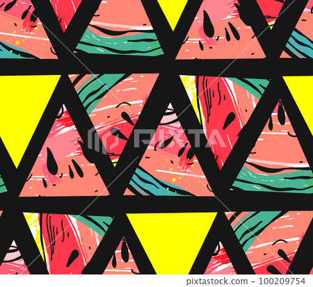 Hand drawn vector abstract collage seamless pattern with watermelon motif and triangle hipster shapes isolated on black background Hand drawn vector abstract collage seamless pattern with watermelon motif and triangle hipster shapes isolated on black background 100209754