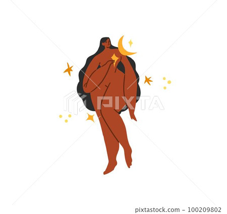 Hand drawn vector abstract modern graphic,clipart illustration of young boho female character with abstract moon and stars.Modern woman design figure doodle.Feminine nature concept.Boho woman concept. 100209802