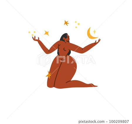 Hand drawn vector abstract modern graphic,clipart illustration of young boho female character in nature with abstract moon and stars.Modern woman design.Feminine nature concept.Boho woman concept. Hand drawn vector abstract modern graphic,clipart illustration of young boho female character in nature with abstract moon and stars.Modern woman design.Feminine nature concept.Boho woman concept. 100209807
