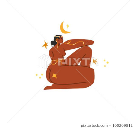 Hand drawn vector abstract modern graphic,clipart illustration of young boho female character in nature with abstract moon and stars.Modern woman design.Feminine nature concept.Boho woman concept. Hand drawn vector abstract modern graphic,clipart illustration of young boho female character in nature with abstract moon and stars.Modern woman design.Feminine nature concept.Boho woman concept. 100209811