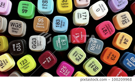 Close up colorful color pen caps with names and number of colors Close up colorful color pen caps with names and number of colors 100209968