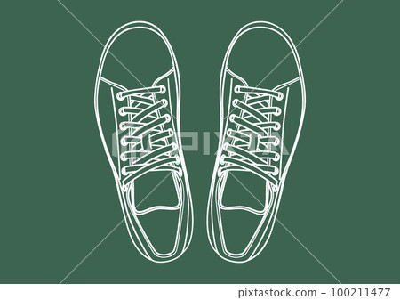 White sneakers Illustration of athletic shoes drawn with white chalk on a blackboard 100211477