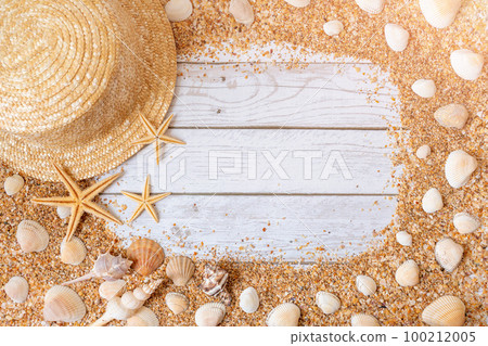 Sand seashells background. Summer time concept with sea shells and starfish on wooden background and sand 100212005