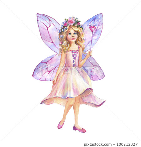 Watercolor light pink fairy with light purple wings and with a magic wand with a heart in his hand. Watercolor hand draw illustration. Watercolor light pink fairy with light purple wings and with a magic wand with a heart in his hand. Watercolor hand draw illustration. 100212327