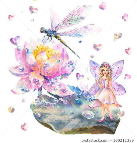 Watercolor illustration of a water lily flower, dragonfly and a fairy standing on a leaf with a magic wand in her hands. Can be used as a Valentine's Day card. 100212359