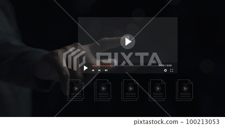 Hand press play button sign to start online live video. Hand press play button sign to start online live video. 100213053