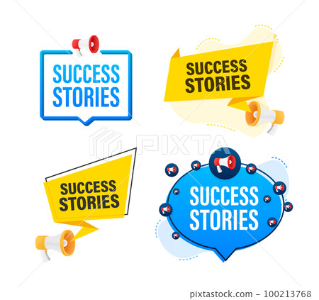 Megaphone label set with text success stories. Megaphone in hand promotion banner. Marketing and advertising Megaphone label set with text success stories. Megaphone in hand promotion banner. Marketing and advertising 100213768