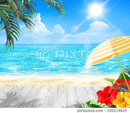 Summer frame background material of white wooden deck, palm trees and hibiscus on a beautiful beach under the blue sky where the sun shines Summer frame background material of white wooden deck, palm trees and hibiscus on a beautiful beach under the blue sky where the sun shines 100214625