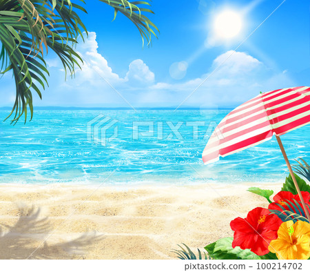 Summer fashionable frame background material with striped parasols and hibiscus blooming by the sea under the blue sky where the sun shines Summer fashionable frame background material with striped parasols and hibiscus blooming by the sea under the blue sky where the sun shines 100214702