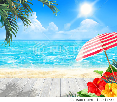 Summer frame background material of white wooden deck, palm trees and hibiscus on a beautiful beach under the blue sky where the sun shines Summer frame background material of white wooden deck, palm trees and hibiscus on a beautiful beach under the blue sky where the sun shines 100214738
