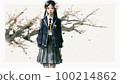Watercolor painting of a female student standing under a cherry tree AI-generated image 100214862