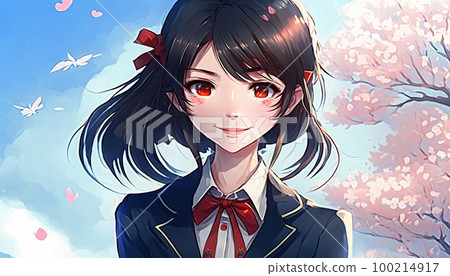 Short-haired female student smiling under the cherry tree AI-generated image Short-haired female student smiling under the cherry tree AI-generated image 100214917