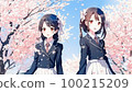 Two female students standing under a pink cherry tree AI-generated image 100215209